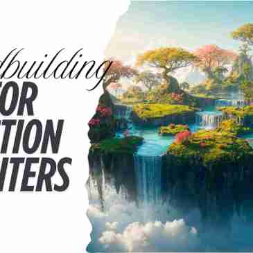 A floating island with colorful trees and waterfalls with the title text worldbuilding for fiction writers.