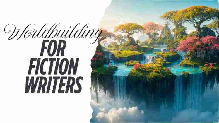 A floating island with colorful trees and waterfalls with the title text worldbuilding for fiction writers.