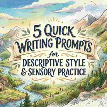 An illustrated landscape with the title "5 Quick Writing Prompts for Descriptive Style & Sensory Practice".